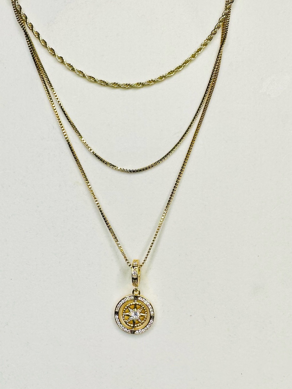Gold Tone S925 Layered Compass Star Necklace 3 Chain Set